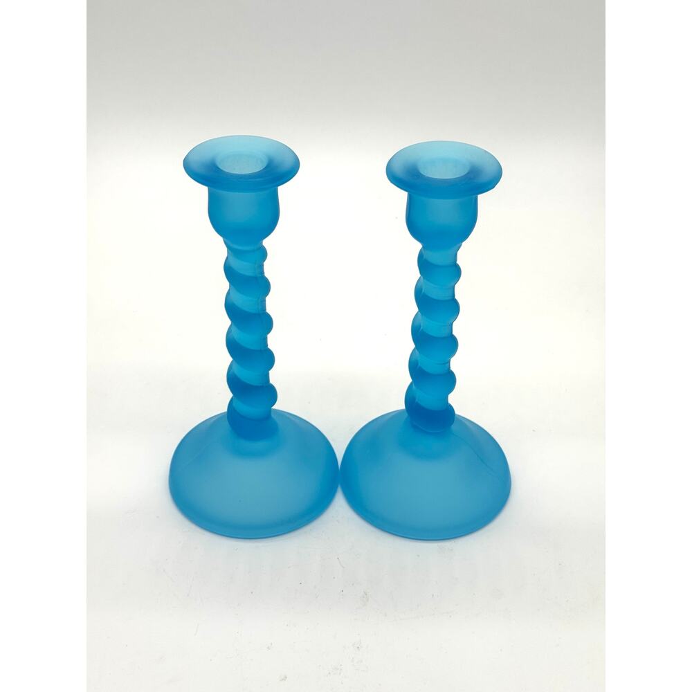 Candle Holders Vintage Tiffin Sky Blue Satin Glass Candlesticks Pair 8.5”H x 4”W